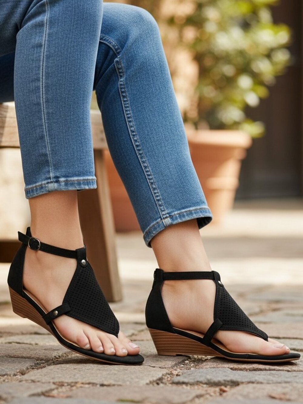 Catherine Malandrino "Romy" Black Wedge Thong Sandal